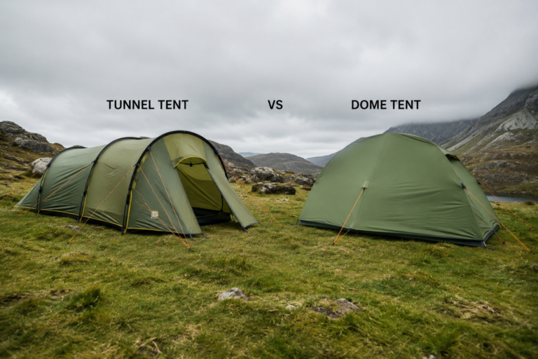 Comparativa visual en un camping entre una tienda de tipo túnel alargada y una tienda de tipo cúpula o iglú.