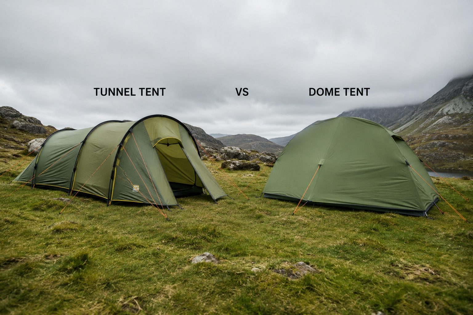 Comparativa visual en un camping entre una tienda de tipo túnel alargada y una tienda de tipo cúpula o iglú.