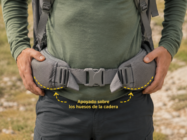 Primer plano del cinturón lumbar de una mochila portabebés ajustado correctamente sobre los huesos de la cadera de un senderista