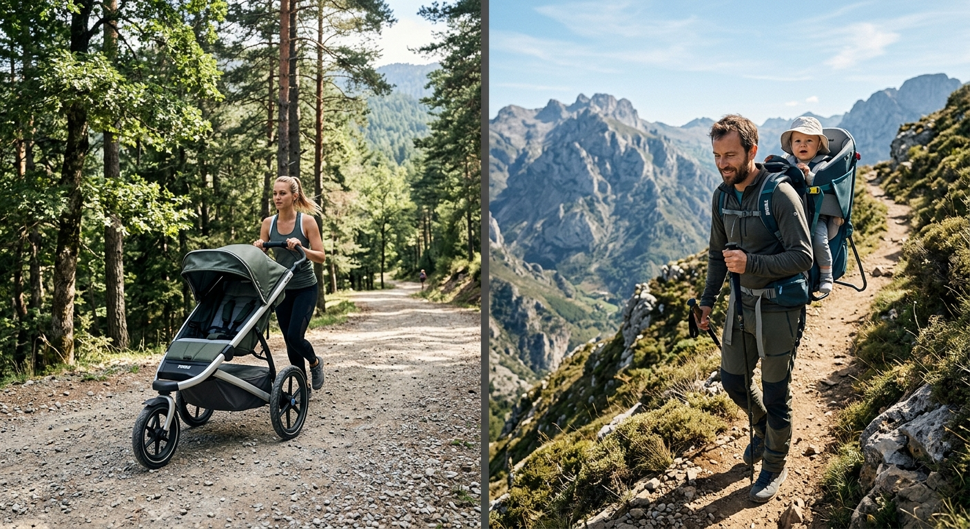 Imagen comparativa: a la izquierda un carrito todoterreno Thule en una pista forestal; a la derecha un padre porteando a su bebé en una mochila técnica por un sendero estrecho