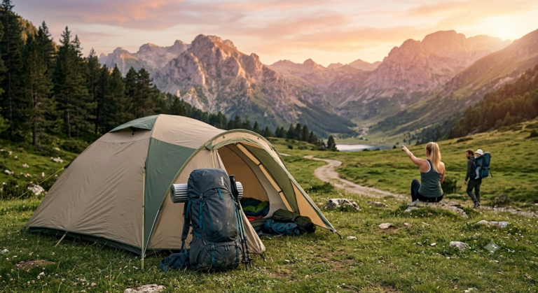 Mochila de trekking grande de 65 litros apoyada junto a una tienda de campaña familiar en un prado de montaña al atardecer