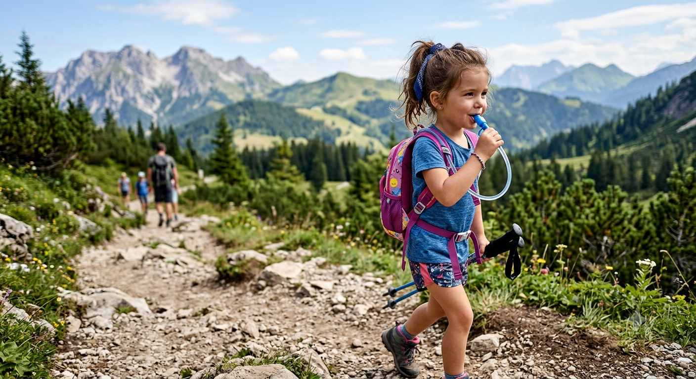 Niña pequeña bebiendo agua a través del tubo de succión de su mochila de hidratación infantil Camelbak durante una ruta